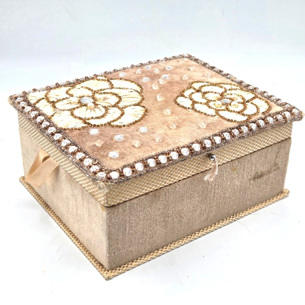 Velvet Floral Embroidered Jewelry Box with Rhinestones Beads Sequins Design‎